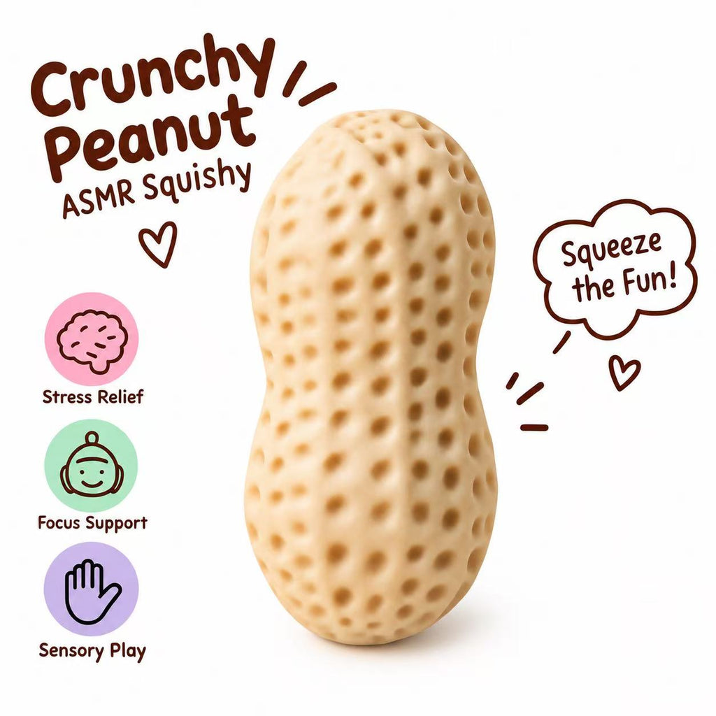 Crunchy Peanut ASMR Squishy product infographic showing stress relief, focus support and sensory play benefits