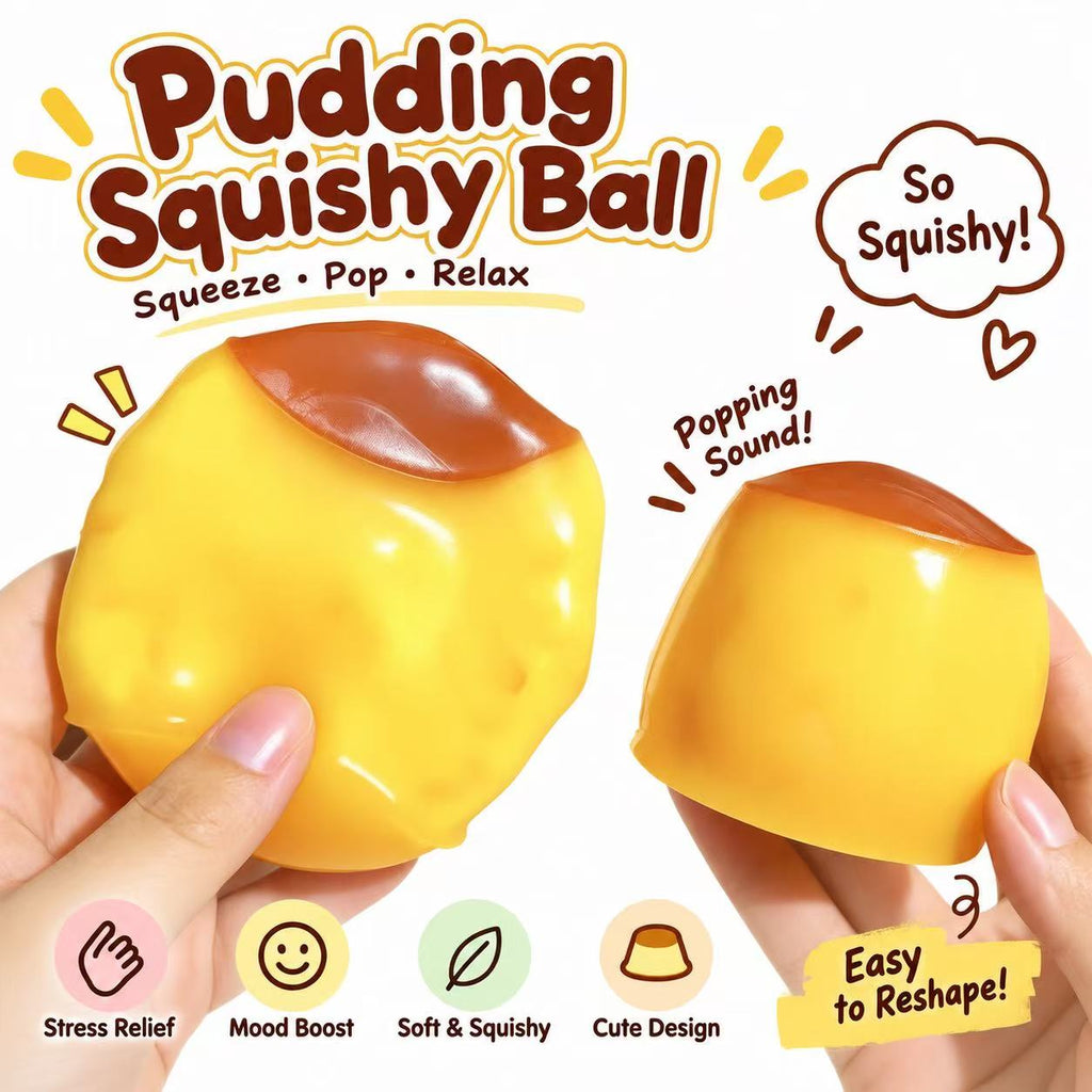 Pudding Squishy Ball product infographic – Squeeze Pop Relax, showing stress relief, mood boost, soft and squishy, cute design features
