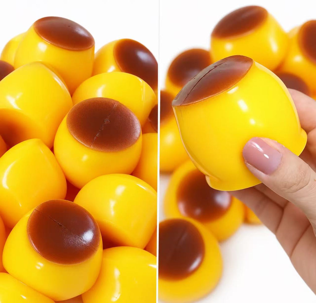Multiple Pudding Squishy Balls piled together showing cute pudding design with caramel top