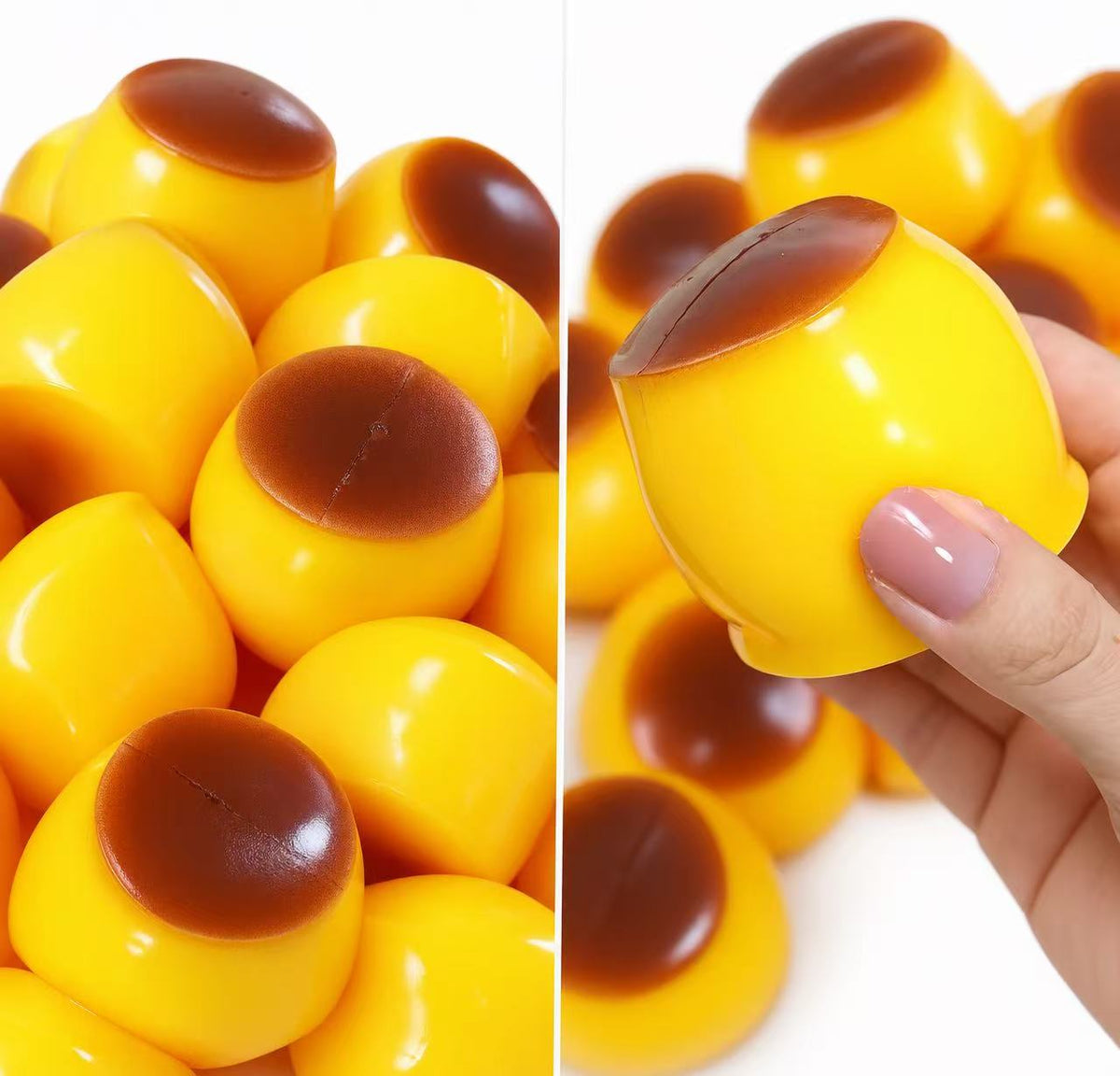 Multiple Pudding Squishy Balls piled together showing cute pudding design with caramel top