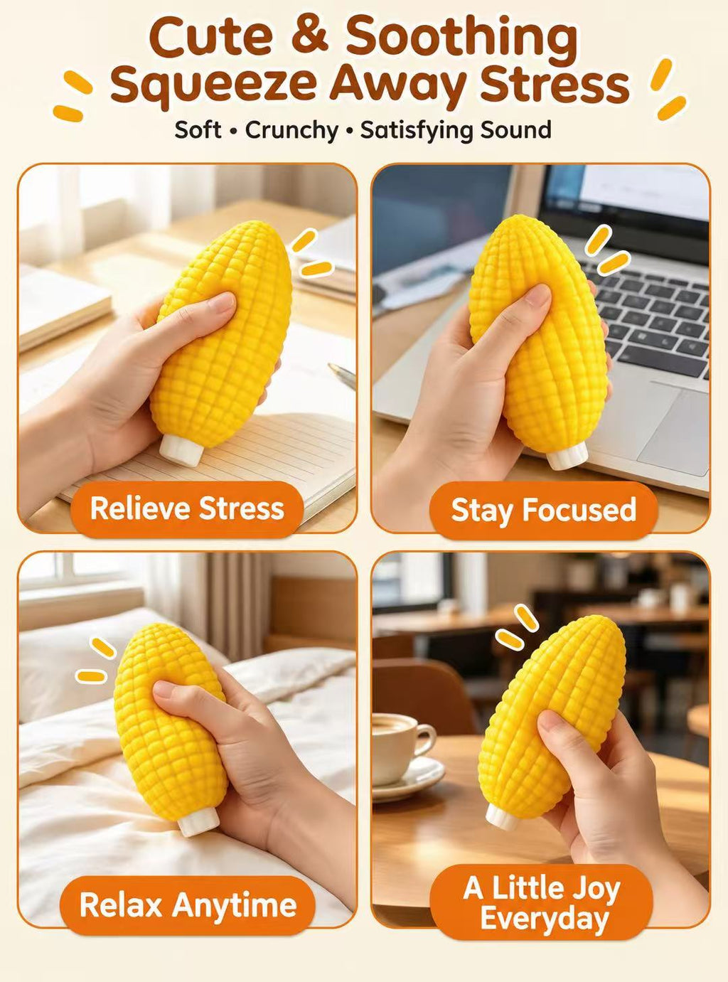 Hands squeezing and stretching corn squishy