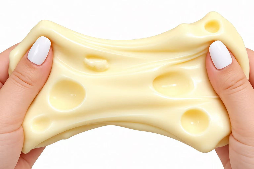 Cheese Squishy being stretched between two hands