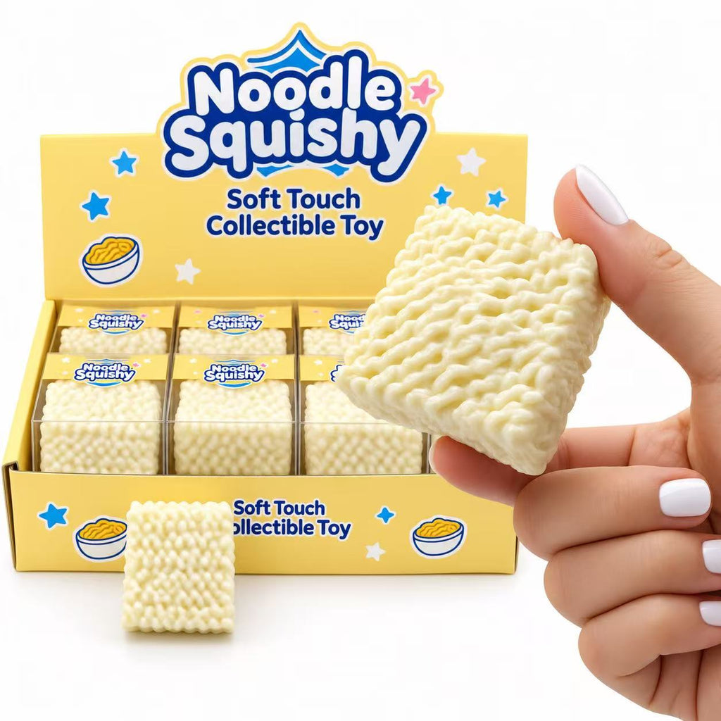 Noodle Squishy held in hand next to display box showing size comparison