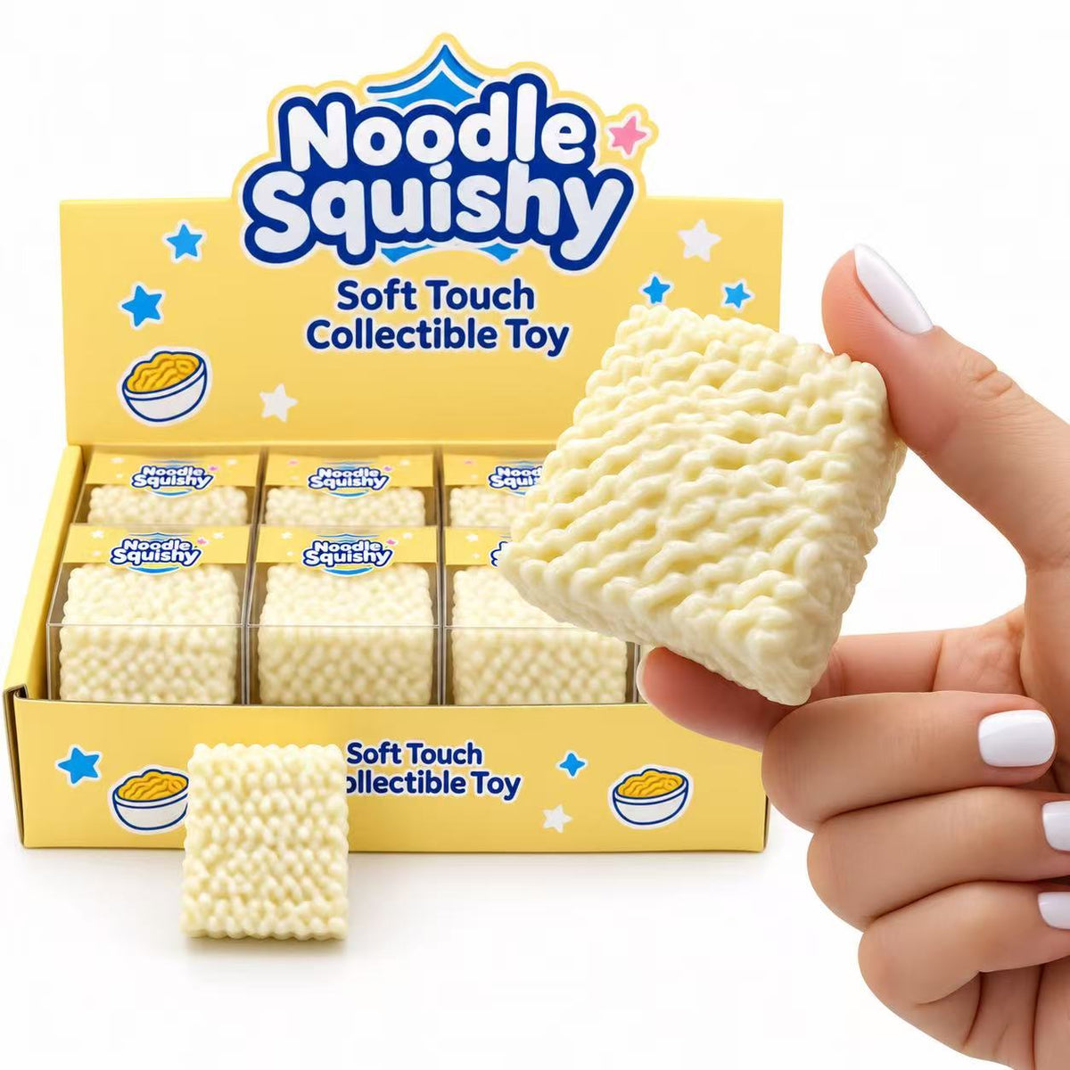 Noodle Squishy held in hand next to display box showing size comparison