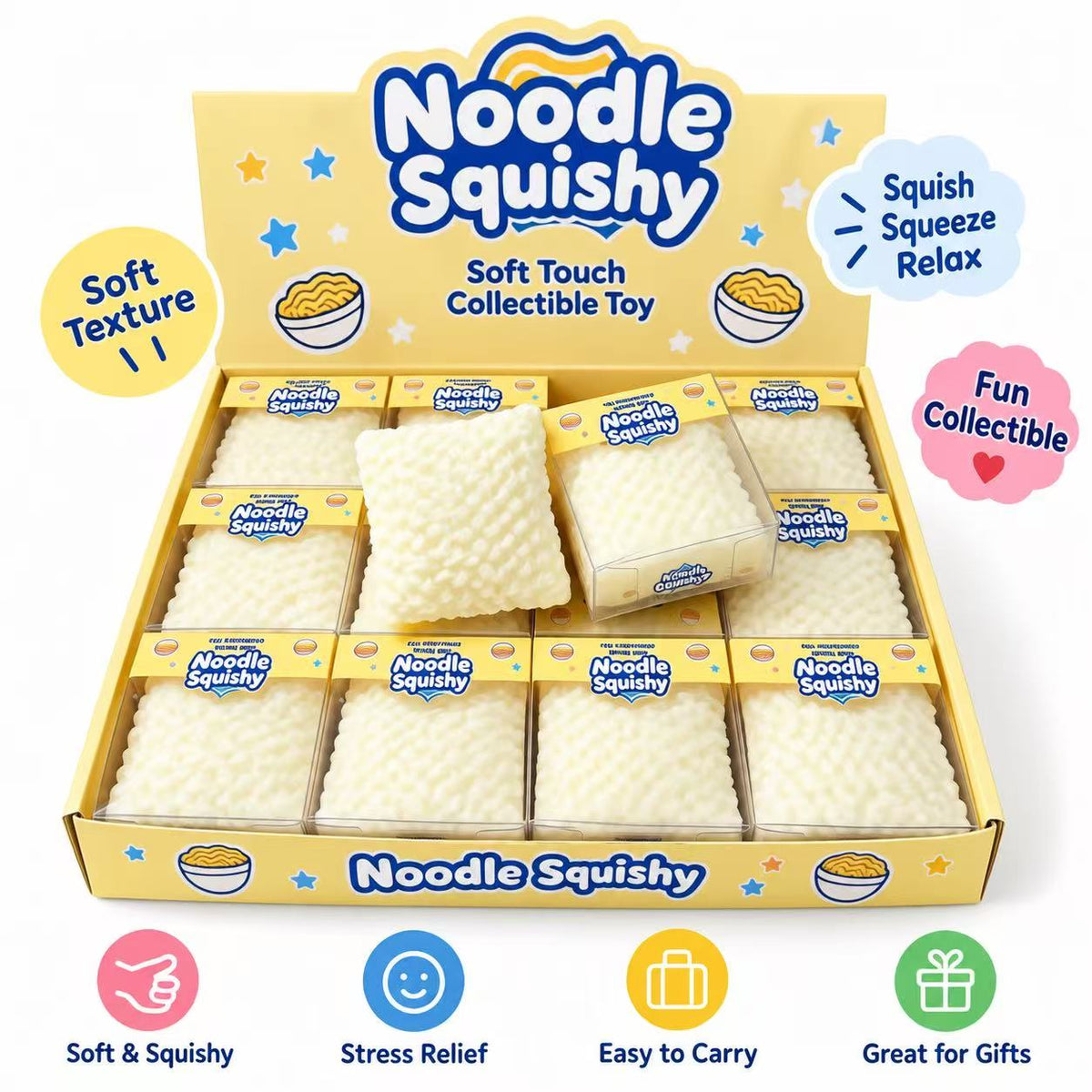Noodle Squishy display box showing full collection of individually boxed squishies